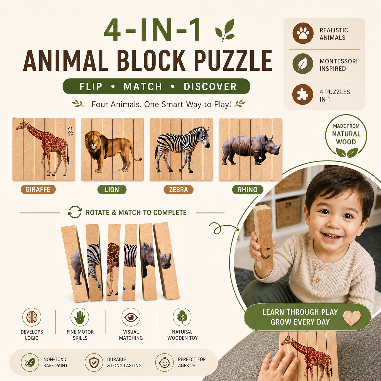 Montessori Animal Block Puzzle 4 in 1 Wooden Toy for Toddlers 1-3 Year ...