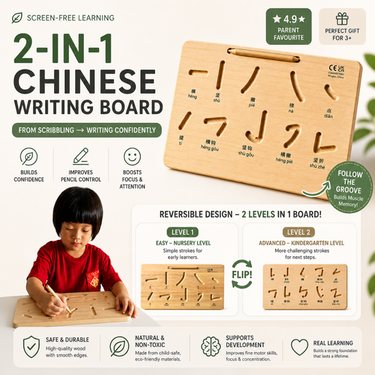 Montessori Chinese Strokes Tracing Board Reversible Wooden Toy | Mandarin Writing Practice Preschool Kids 3+